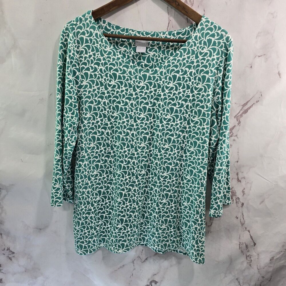Chicos Shirt Womens Large 2 Green White Half Quarter Sleeve Stretch Scoop Tee - Picture 2 of 10
